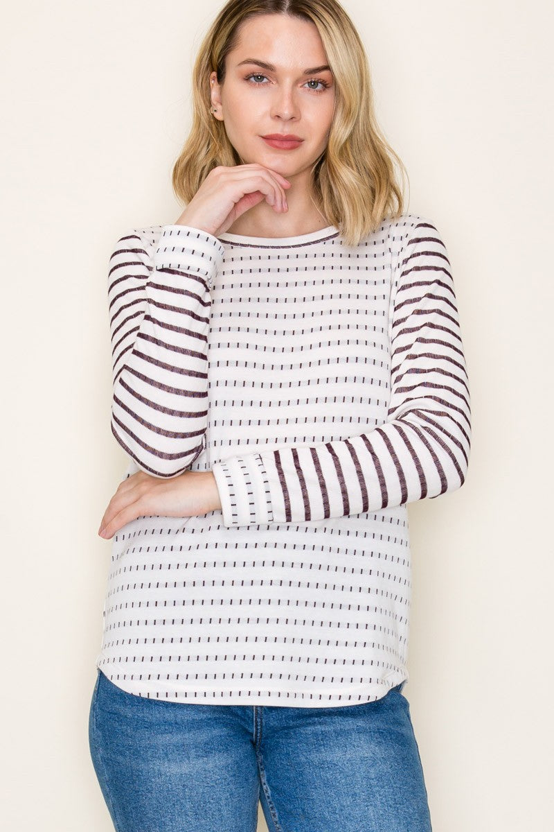 Dotted Striped Poly French Terry Top - Plum