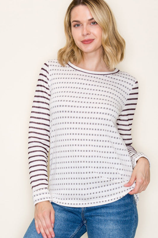 Dotted Striped Poly French Terry Top - Plum