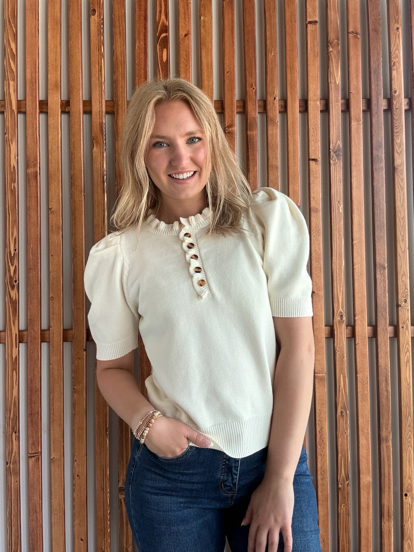 Short Puff Sleeve Ruffled Neck Sweater: Cream