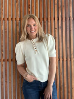 Short Puff Sleeve Ruffled Neck Sweater: Cream