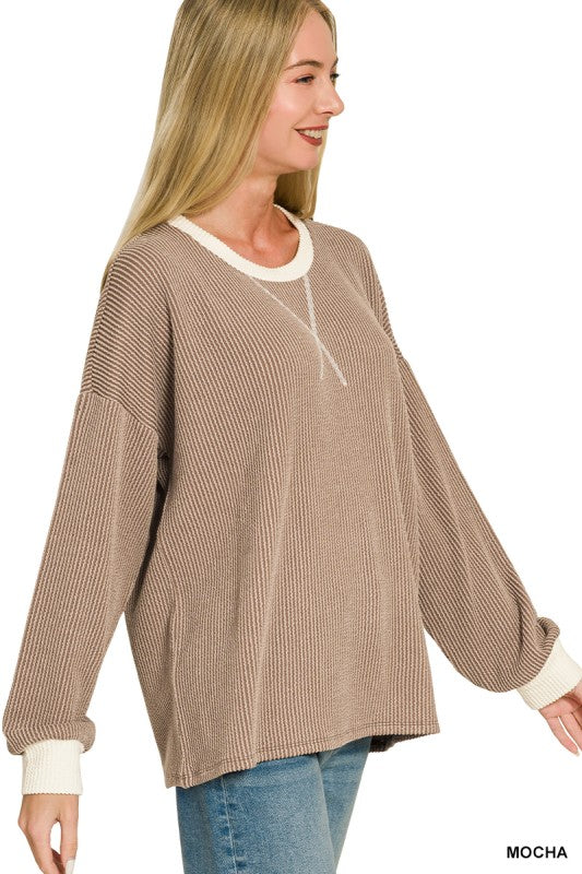 Ribbed LS with Contrast Trim: Mocha