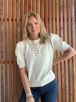 Short Puff Sleeve Ruffled Neck Sweater: Cream