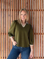 Collared Scallop Accent Trim Blouse - Olive
