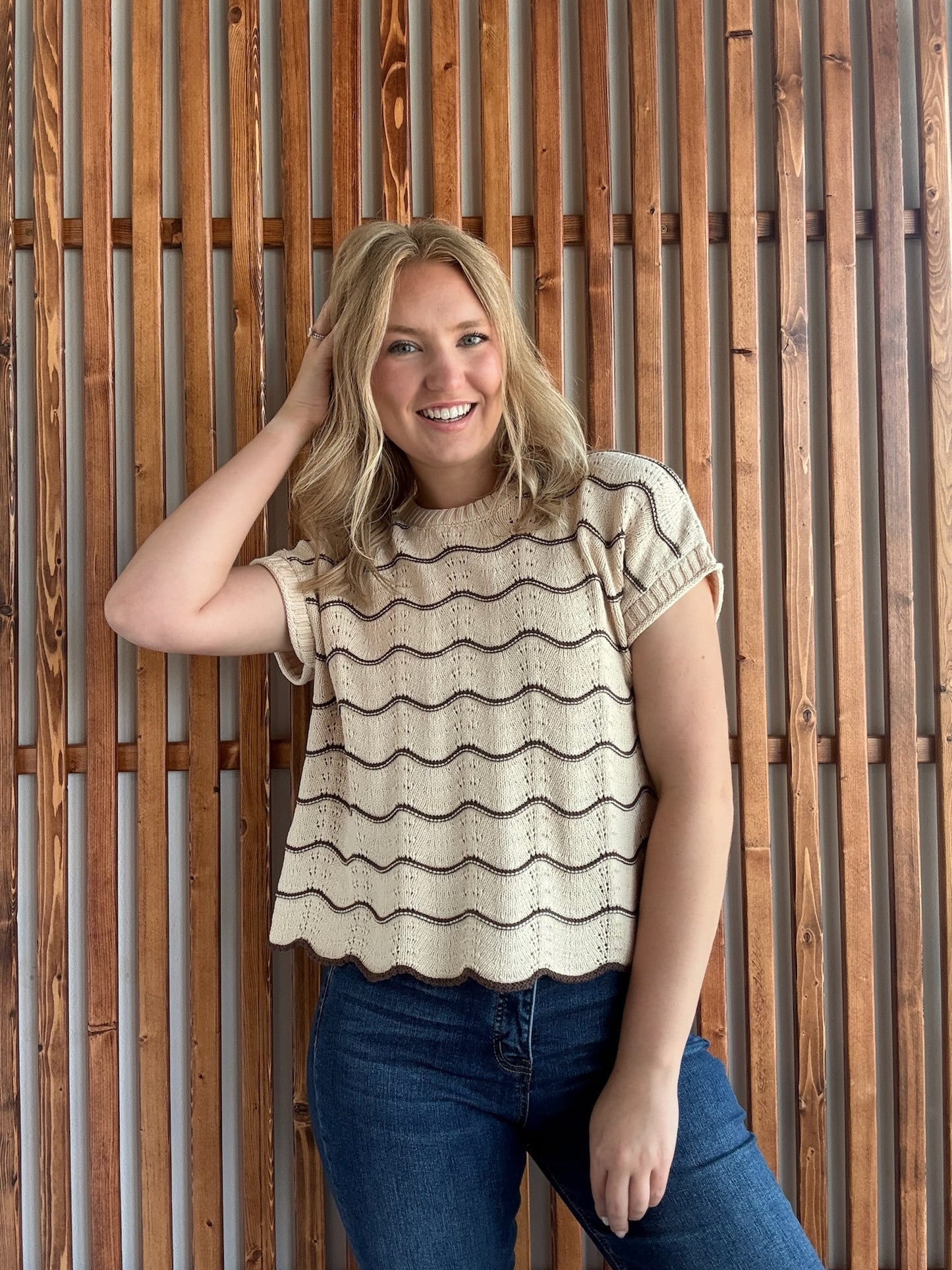 Lt. Taupe Scallop Striped Sweater Top