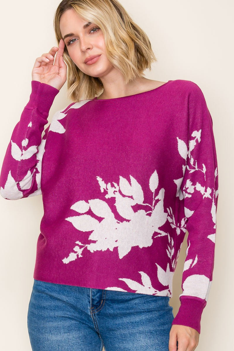 Floral Jacquard Sweater - Dark Magenta