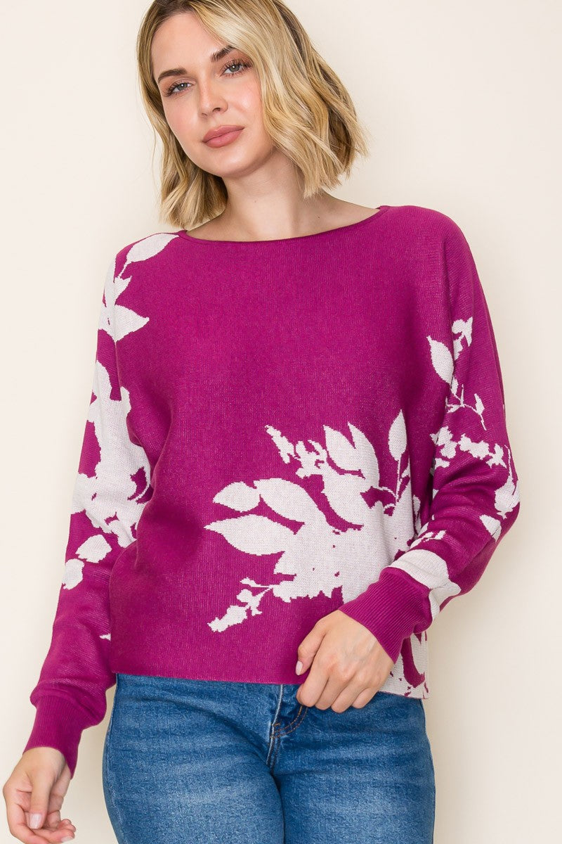 Floral Jacquard Sweater - Dark Magenta