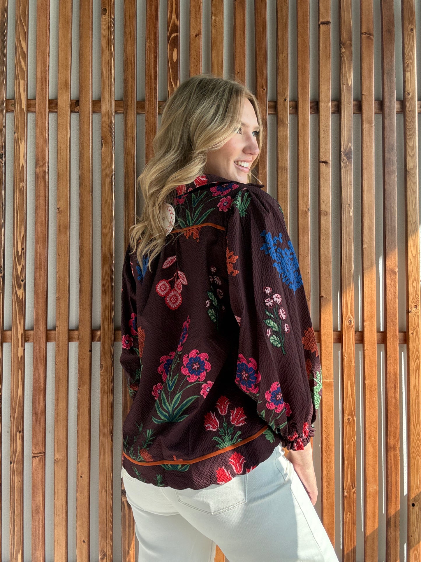 Floral Print Textured Fabric Collared Top - Red Brown