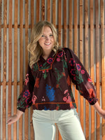 Floral Print Textured Fabric Collared Top - Red Brown