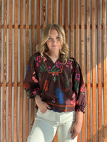 Floral Print Textured Fabric Collared Top - Red Brown
