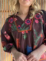 Floral Print Textured Fabric Collared Top - Red Brown