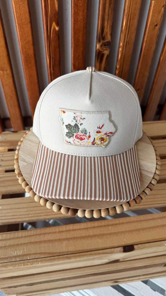 Iowa Floral Hat: Tan Stripe Bill