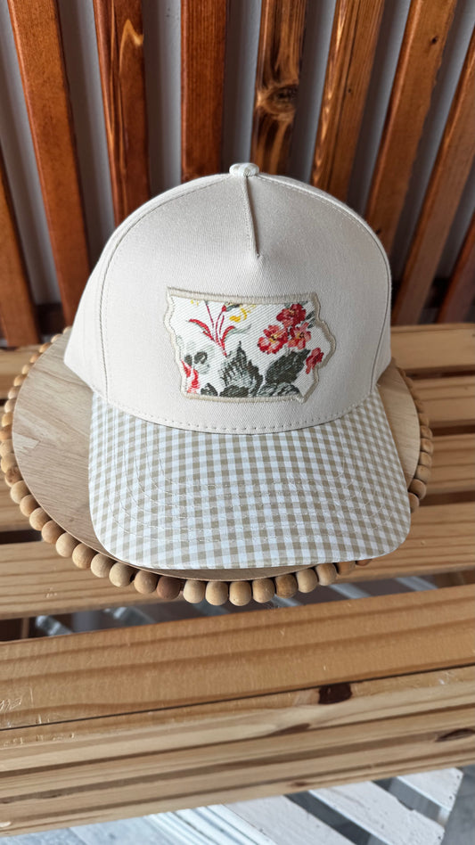 Iowa Floral Hat: Gingham Tan