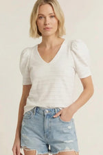 Textured Stripe Pleated Puff Short Sleeve Top - Off White