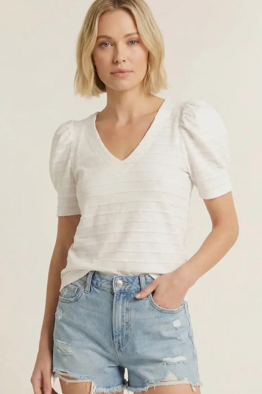 Textured Stripe Pleated Puff Short Sleeve Top - Off White