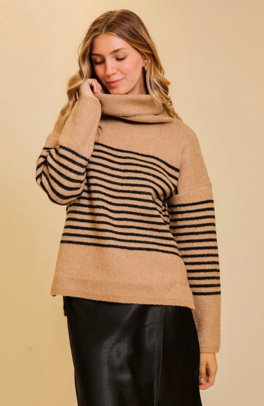 Stripe Turtle Neck Sweater: Taupe & Black