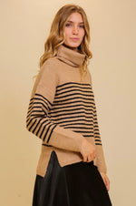 Stripe Turtle Neck Sweater: Taupe & Black