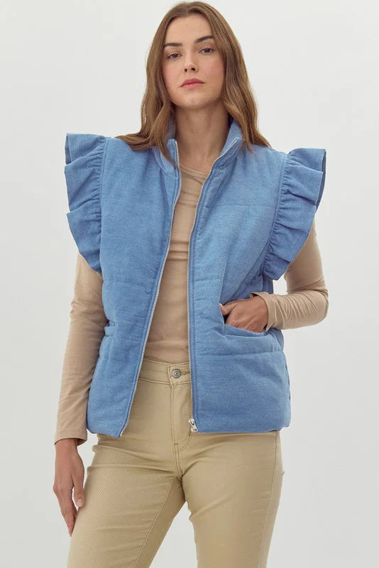 Denim Ruffle Puffer Vest