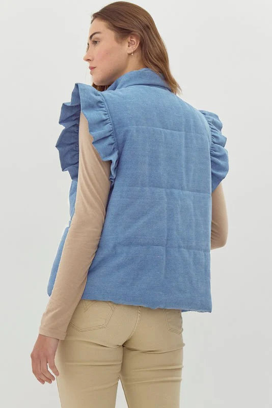 Denim Ruffle Puffer Vest