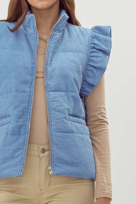 Denim Ruffle Puffer Vest