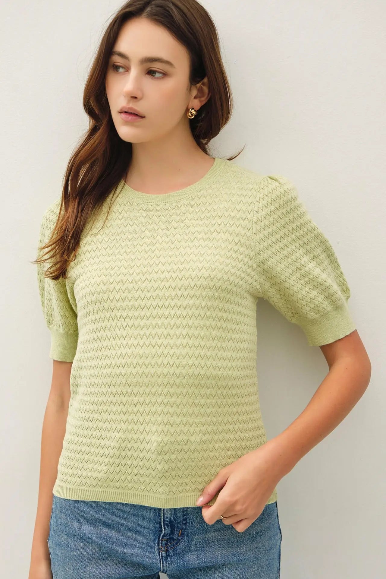 Chevron Pointelle Puffed Sleeve Sweater - Lime