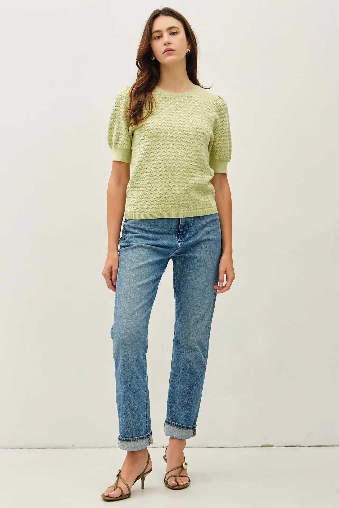 Chevron Pointelle Puffed Sleeve Sweater - Lime