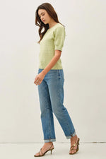 Chevron Pointelle Puffed Sleeve Sweater - Lime