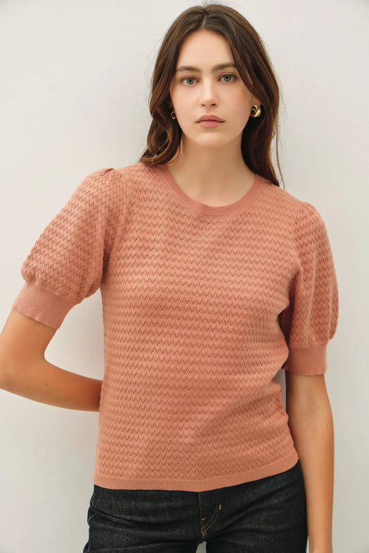Chevron Pointelle Puffed Sleeve Sweater - Terracotta