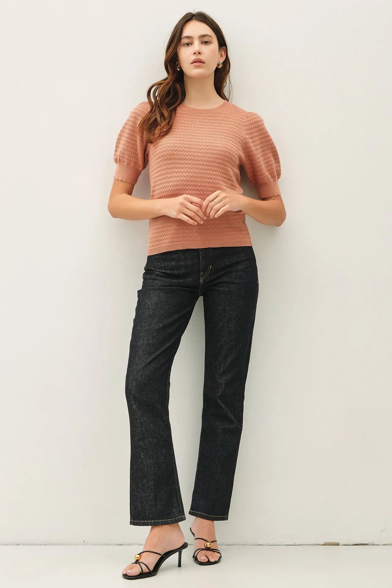 Chevron Pointelle Puffed Sleeve Sweater - Terracotta