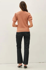 Chevron Pointelle Puffed Sleeve Sweater - Terracotta