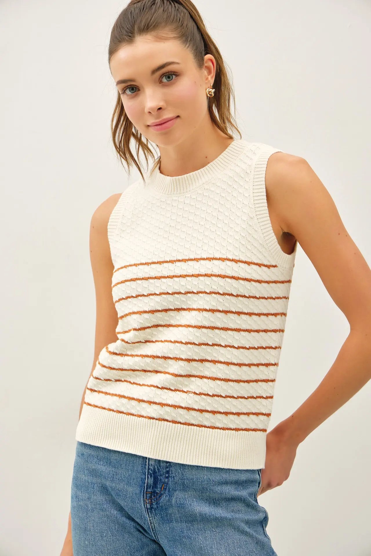 Modern Striped Texture Knit Tank Sweater - Terracotta