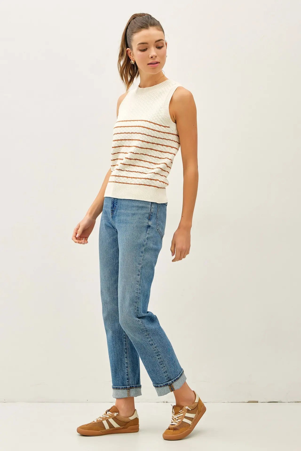 Modern Striped Texture Knit Tank Sweater - Terracotta