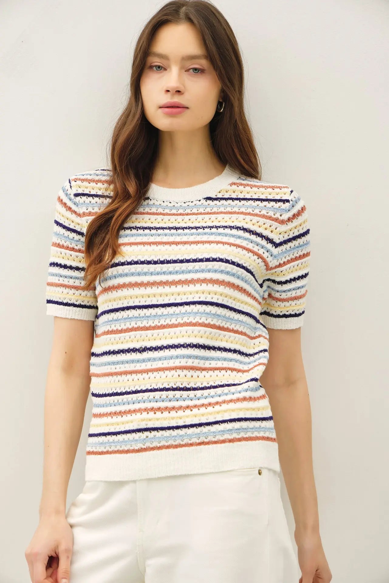 Multi Color Stripe Short Sleeve Textured Sweater - Denim