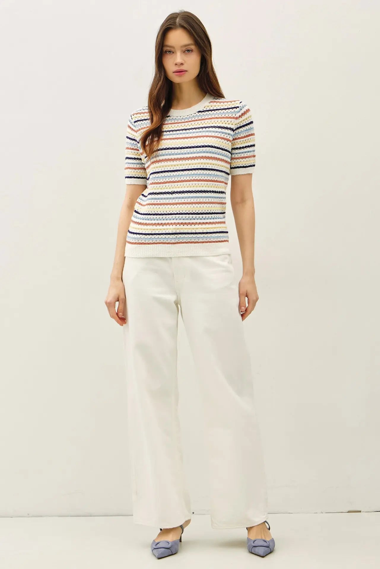 Multi Color Stripe Short Sleeve Textured Sweater - Denim