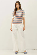 Multi Color Stripe Short Sleeve Textured Sweater - Denim