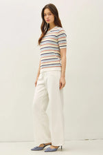 Multi Color Stripe Short Sleeve Textured Sweater - Denim