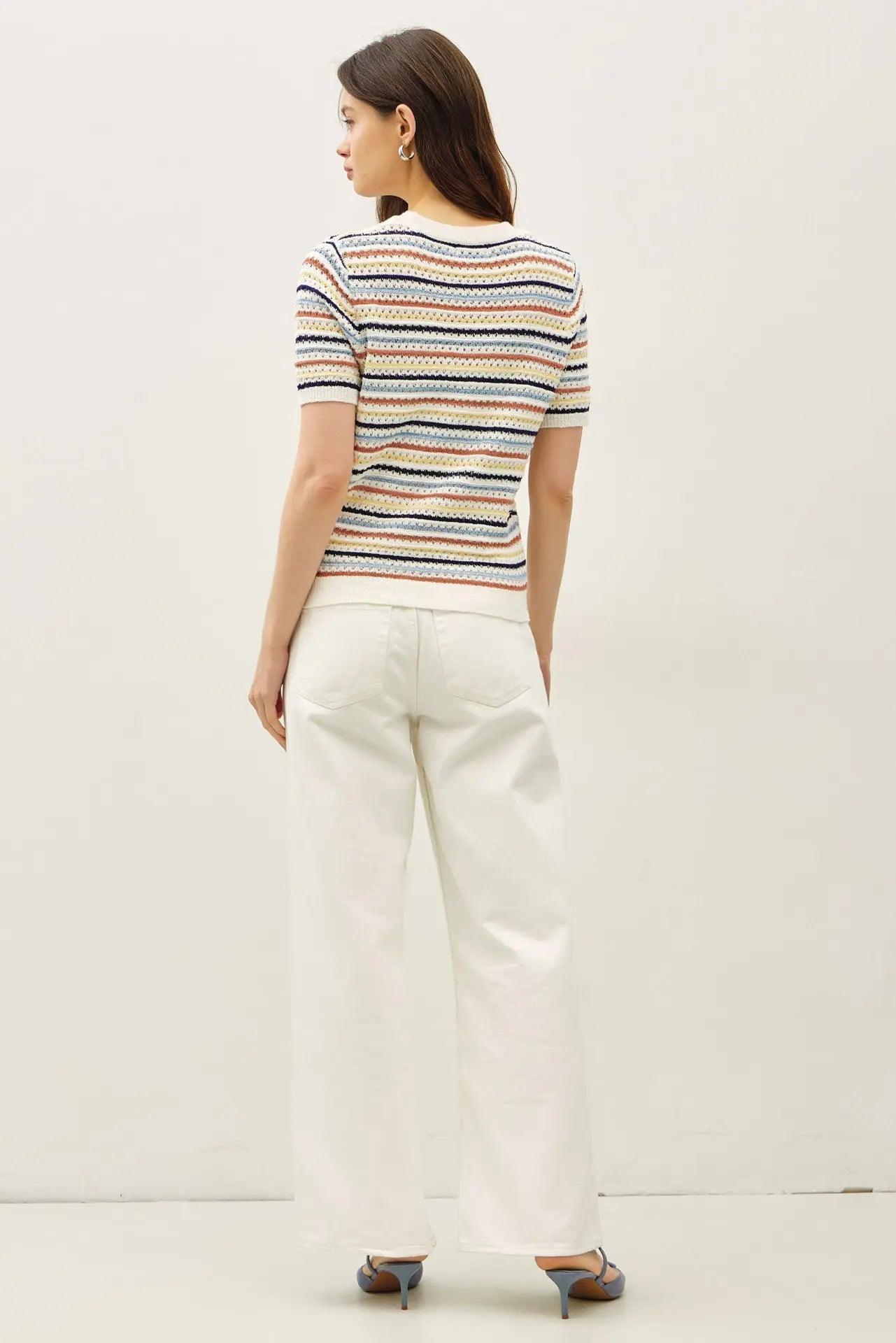 Multi Color Stripe Short Sleeve Textured Sweater - Denim