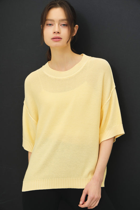 Oversized Raw Edge Sweater Top - Yellow