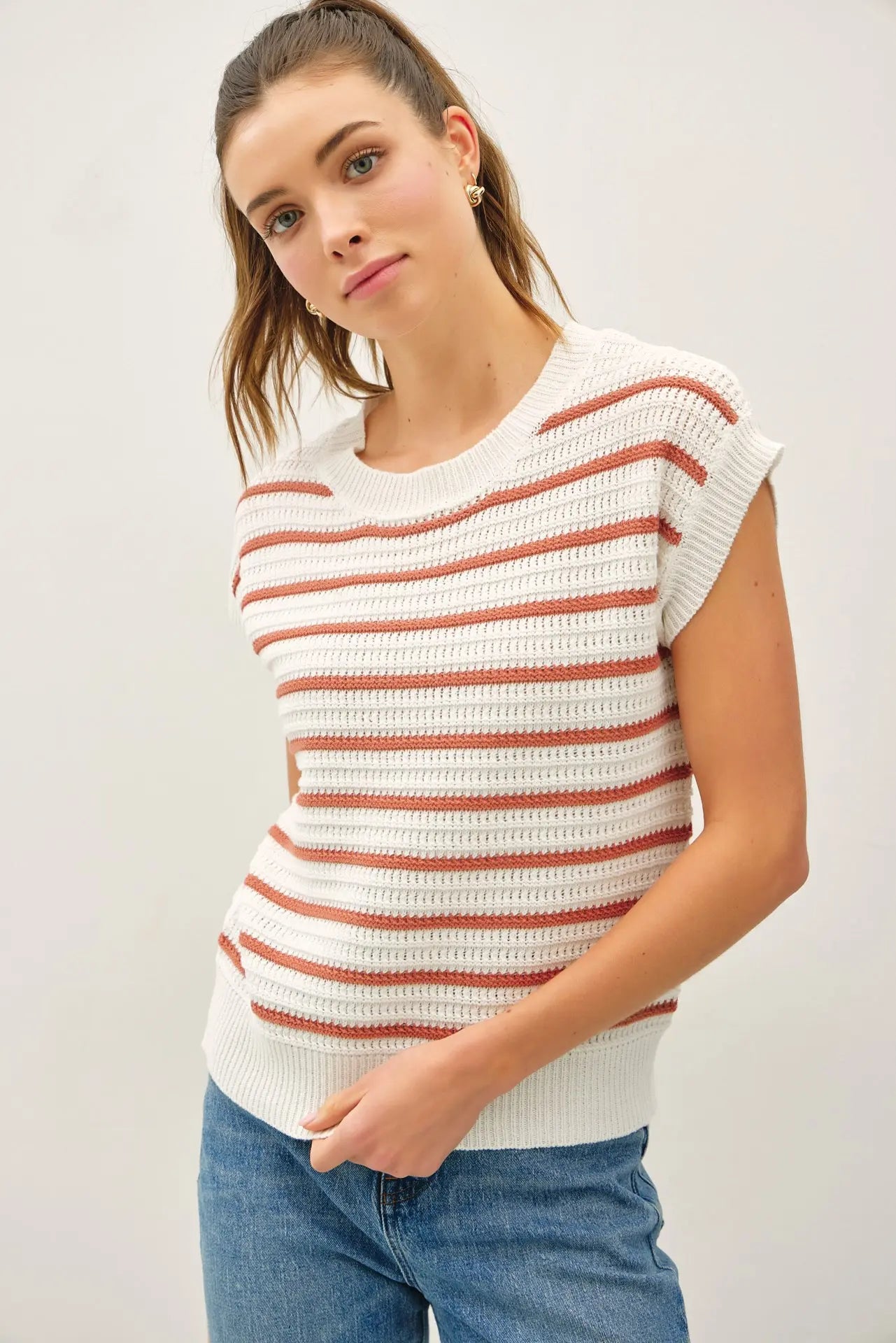 Striped Crochet Knit Cap Sleeve Top - Terracotta
