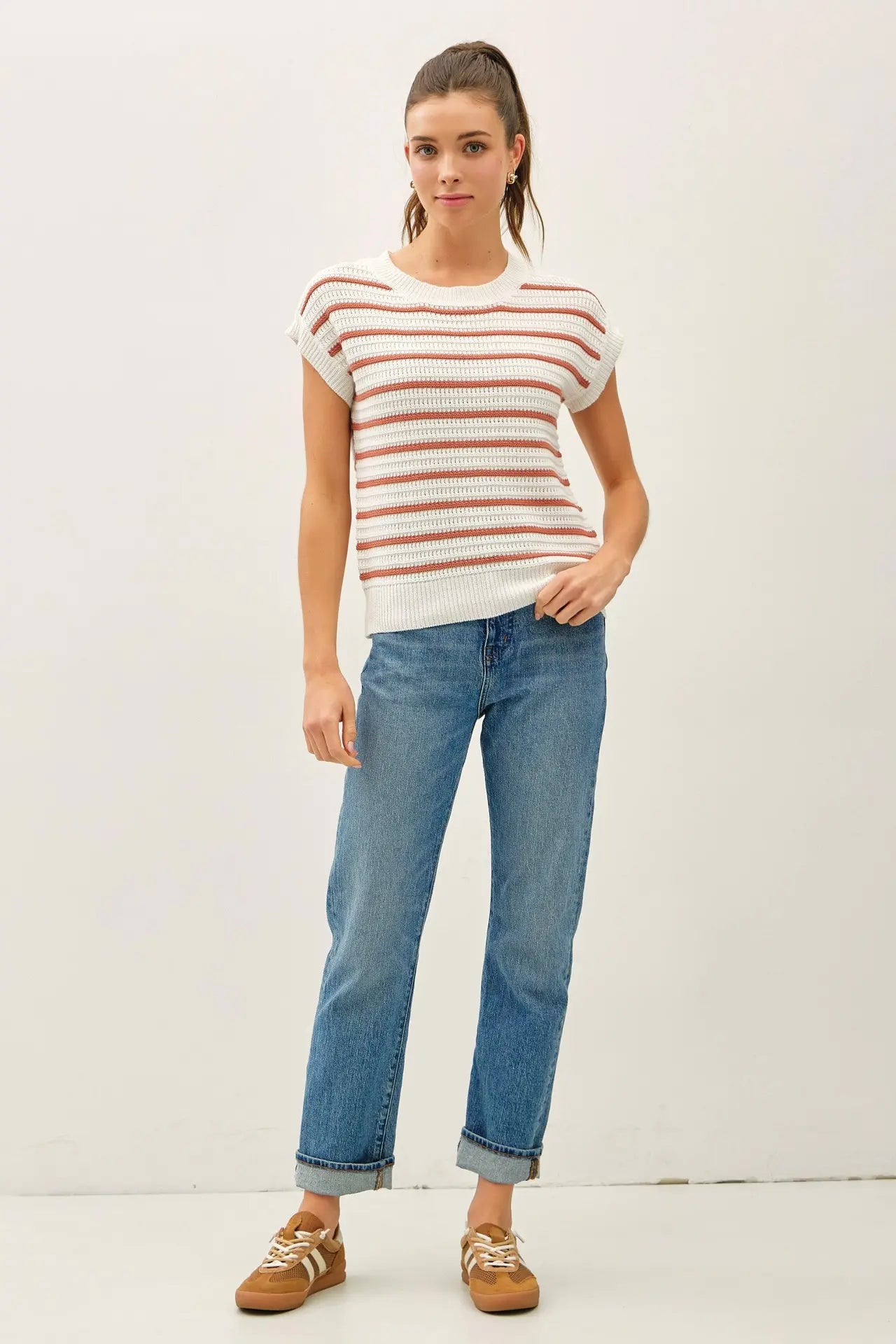 Striped Crochet Knit Cap Sleeve Top - Terracotta