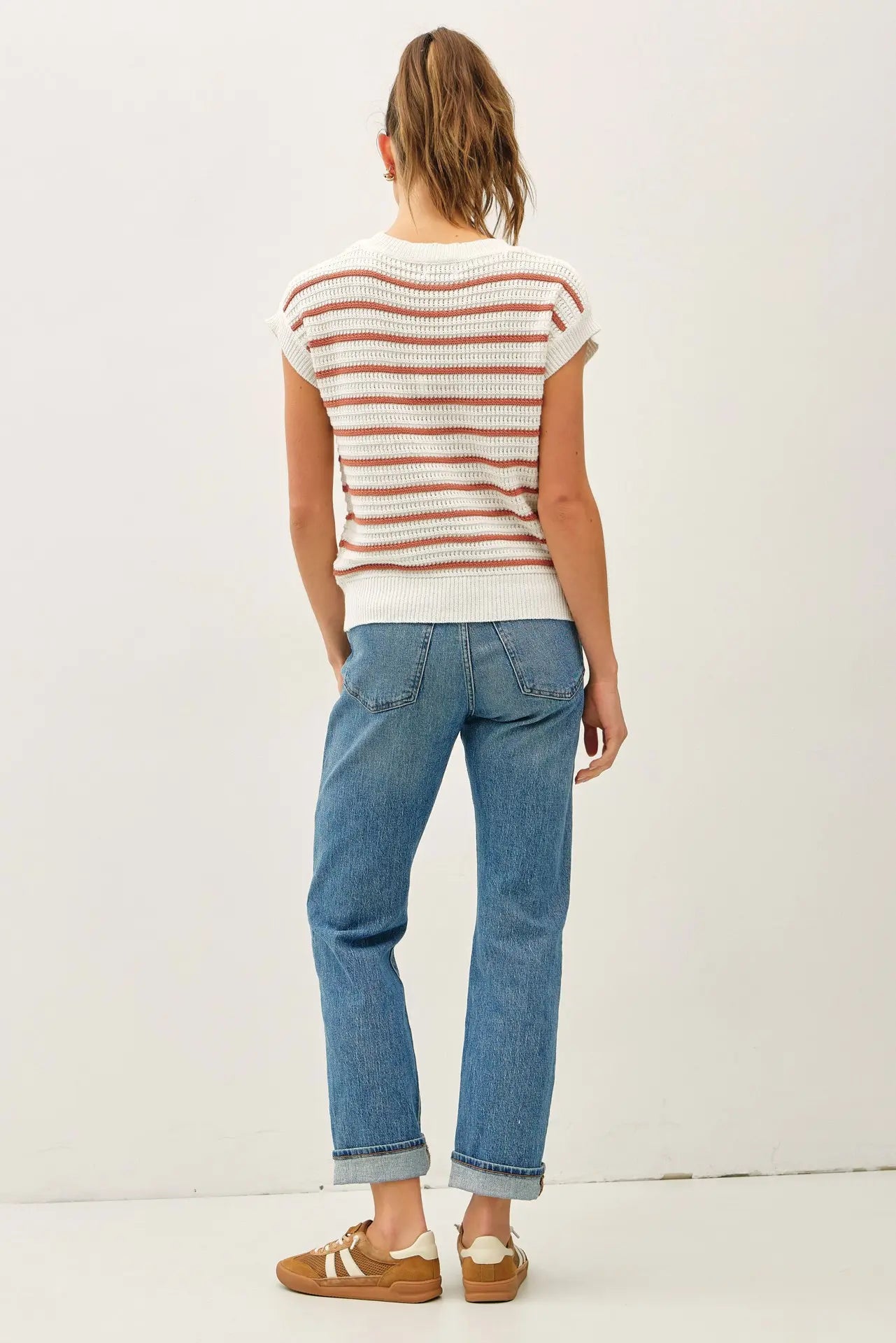 Striped Crochet Knit Cap Sleeve Top - Terracotta