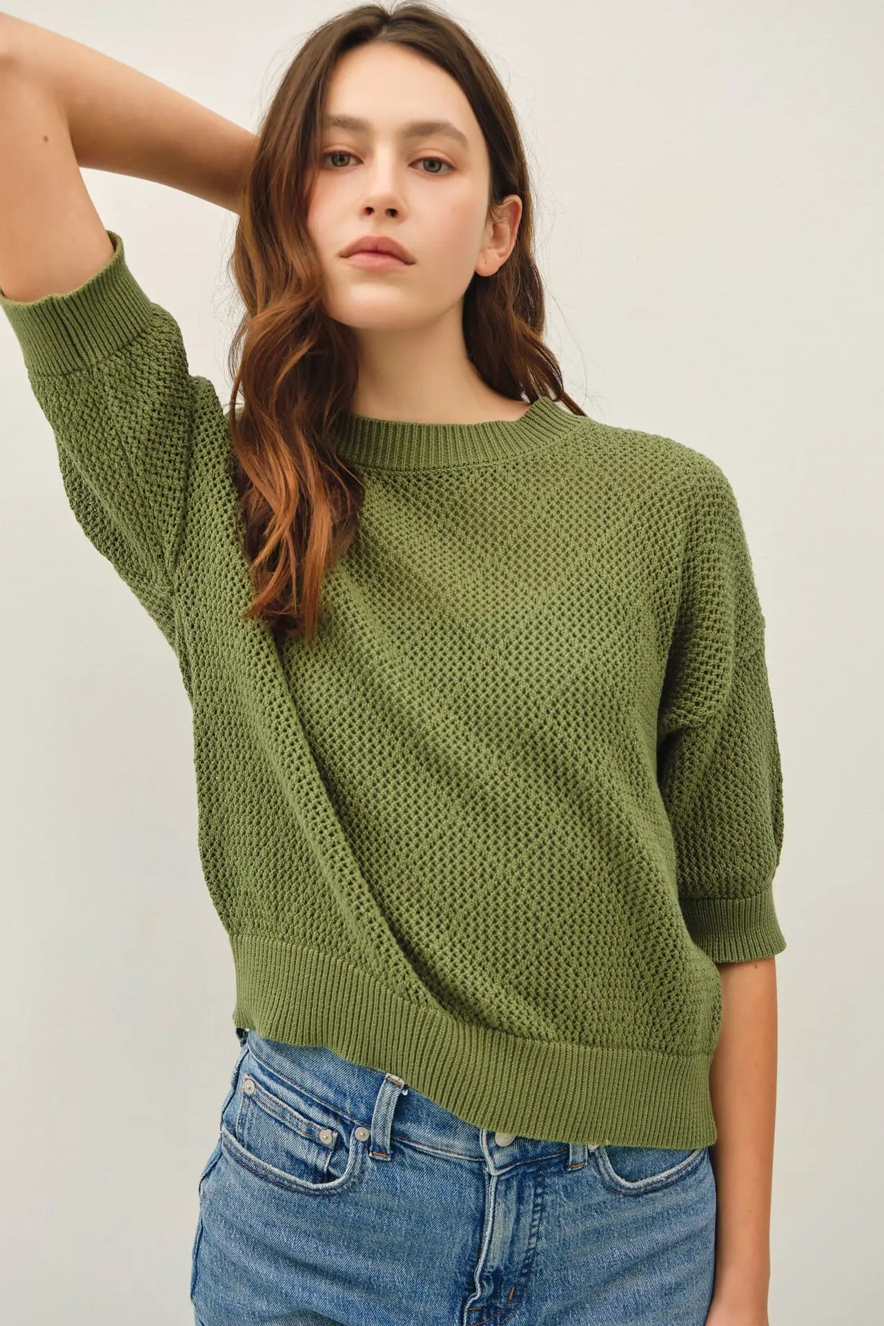 Diamond Stitch Crochet Half Sleeve Sweater - Pine