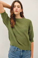 Diamond Stitch Crochet Half Sleeve Sweater - Pine