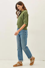Diamond Stitch Crochet Half Sleeve Sweater - Pine
