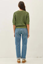 Diamond Stitch Crochet Half Sleeve Sweater - Pine