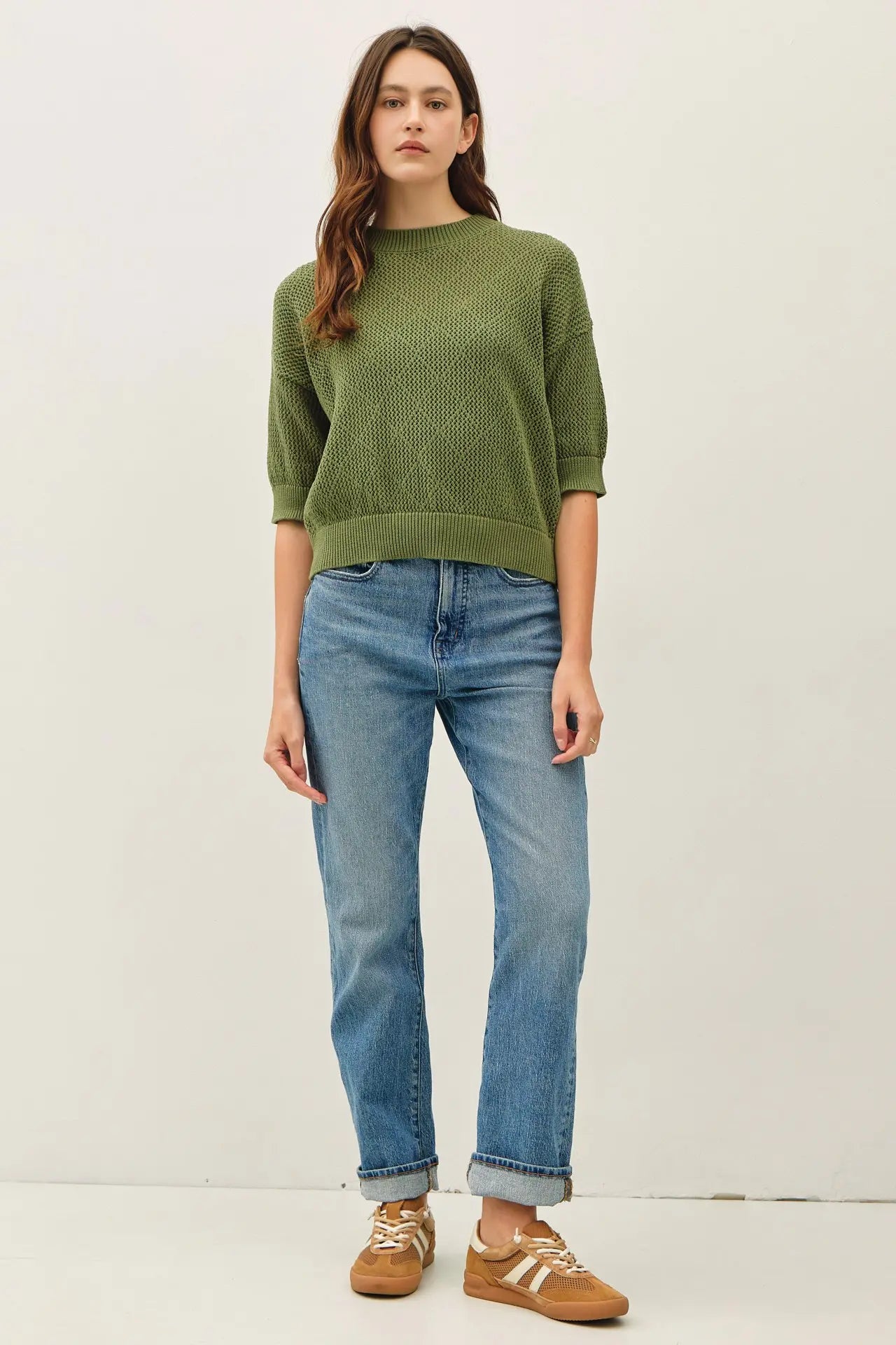 Diamond Stitch Crochet Half Sleeve Sweater - Pine