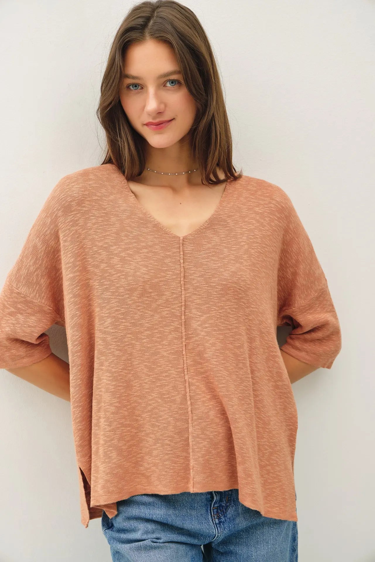 Relaxed Fit 1/2 Sleeve Cotton Slub Sweater