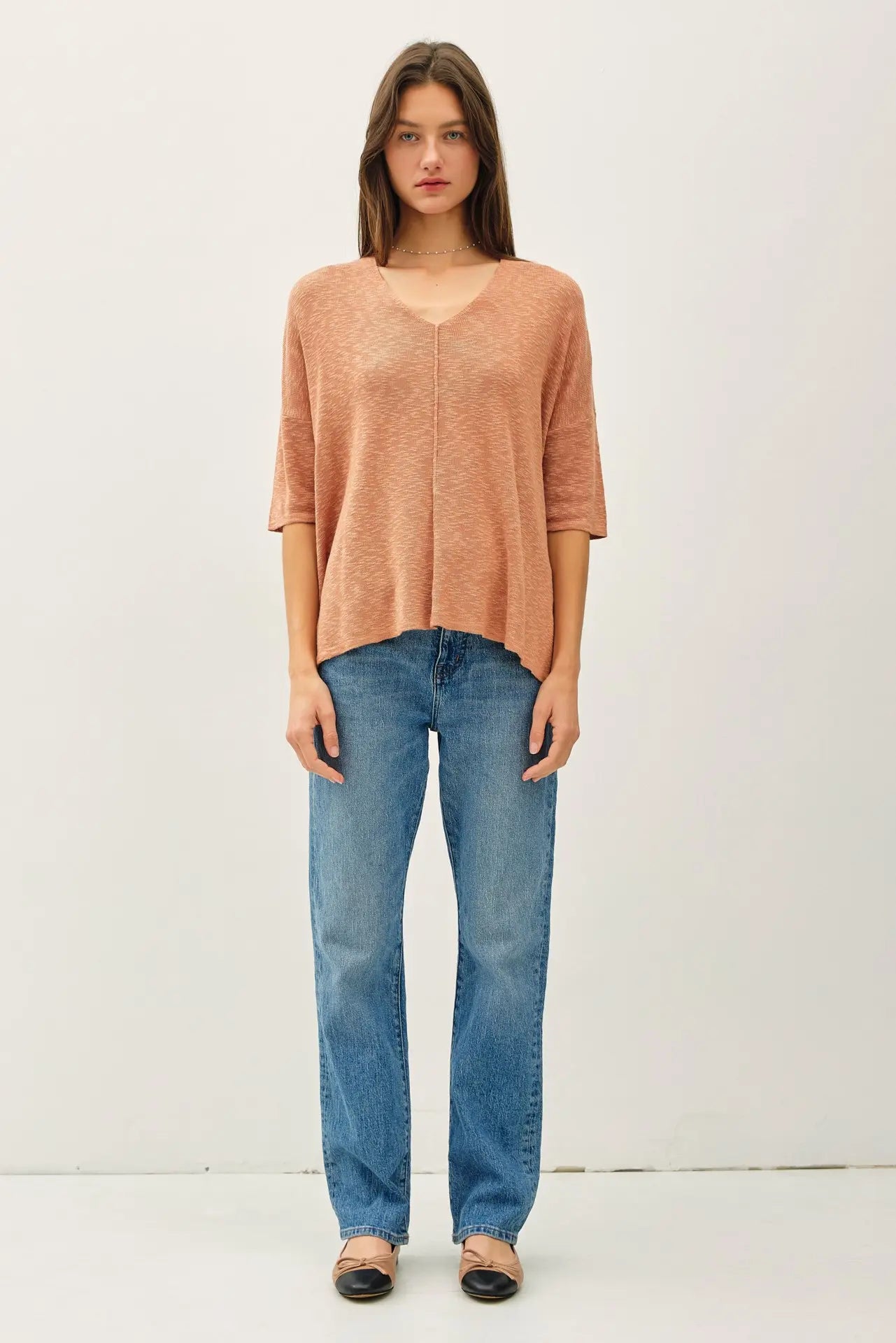 Relaxed Fit 1/2 Sleeve Cotton Slub Sweater