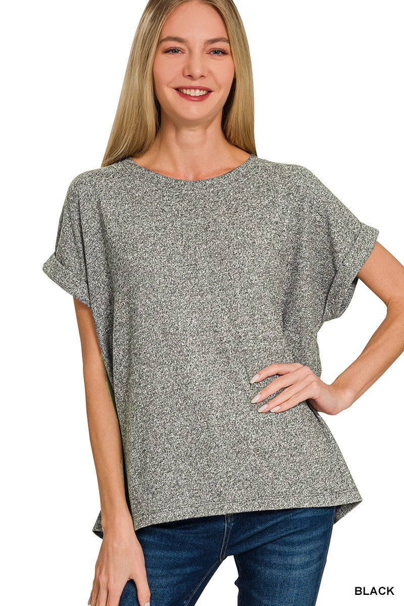 Soft Melange Hacci Round Neck Short Sleeve - Black