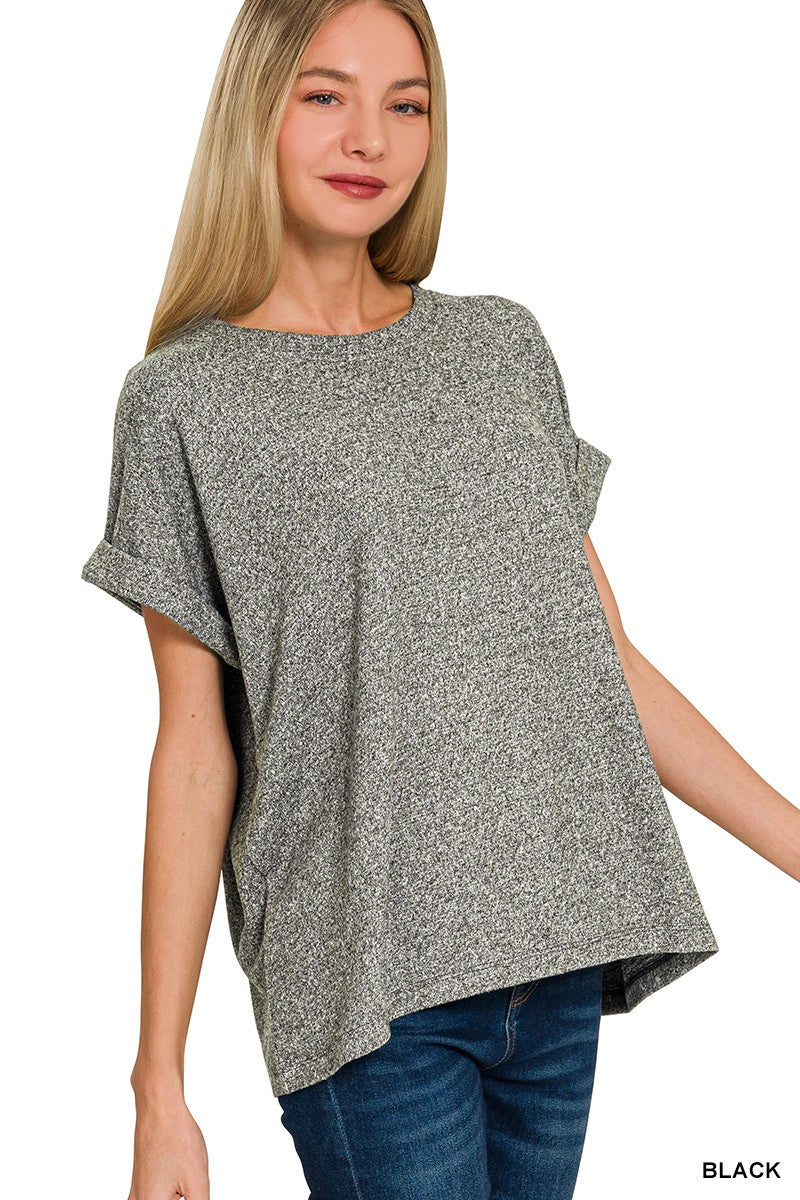 Soft Melange Hacci Round Neck Short Sleeve - Black