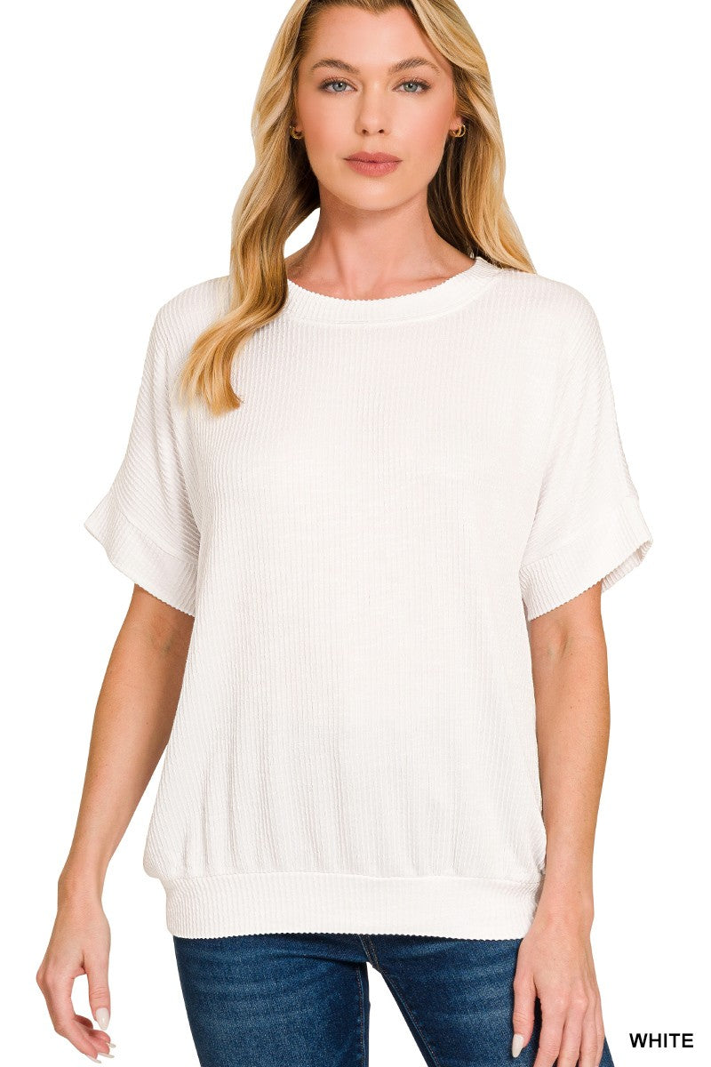 Corded Rib Short Sleeve Top - White